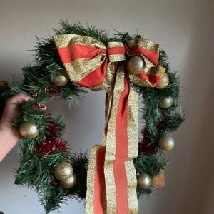 Christmas wreaths green with ribbon and gold balls like new